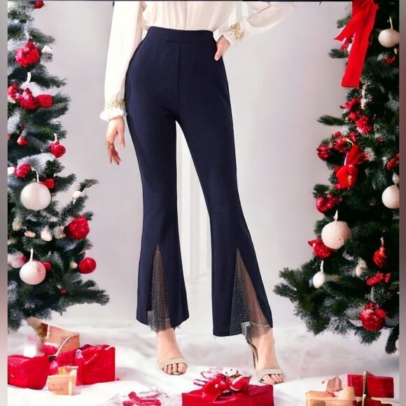 SHEIN NEW MODELY CONTRAST MESH FLARE LEG PANT SPARKLING NAVY BLUE LARGE - Picture 5 of 5